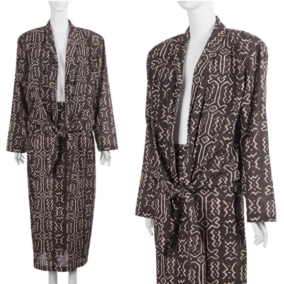NORMA KAMALI Vintage 80s 2pc Set M/10 Brown Print Open Front Jacket Maxi Skirt - Picture 1 of 13